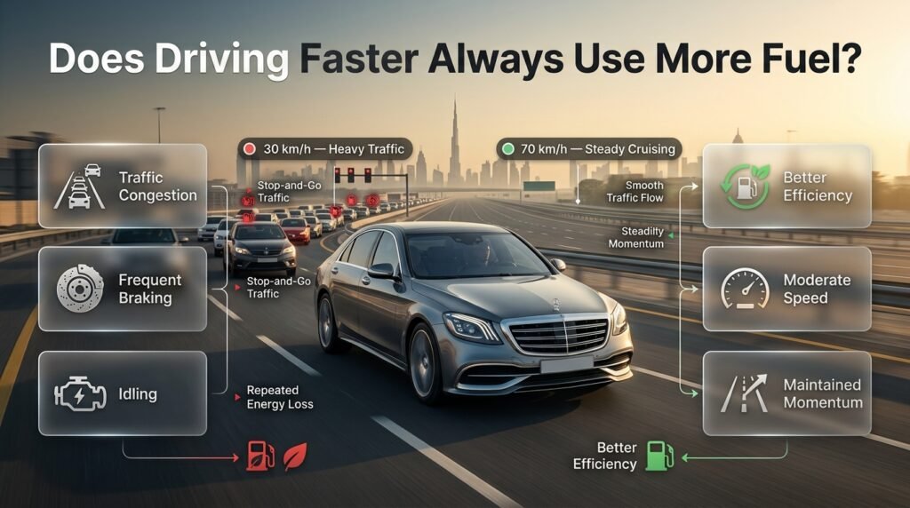 Does driving faster always use more fuel? Dubai car cruising steadily while traffic congestion and fuel efficiency are compared visually.