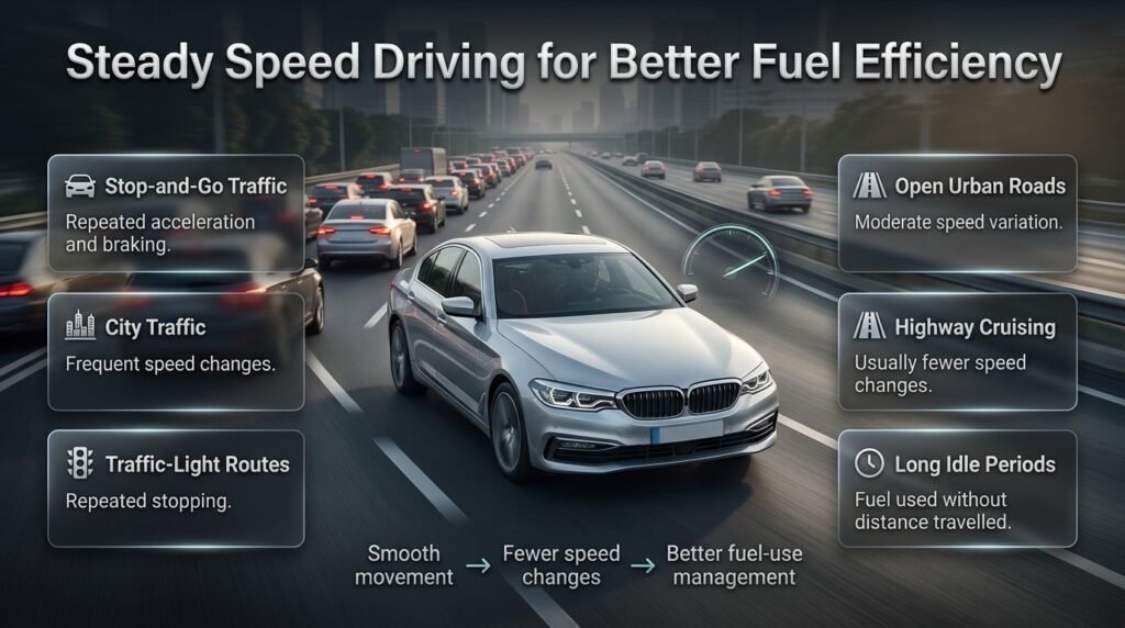 Steady speed driving infographic comparing city traffic, stop-and-go traffic, and highway cruising for better fuel efficiency
