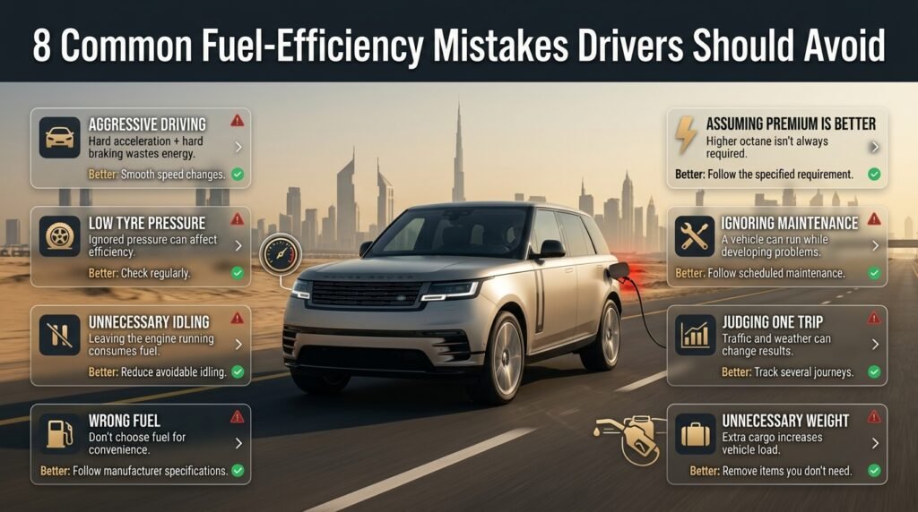 Eight common fuel-efficiency mistakes including aggressive driving, low tyre pressure, idling, wrong fuel, poor maintenance and excess weight.