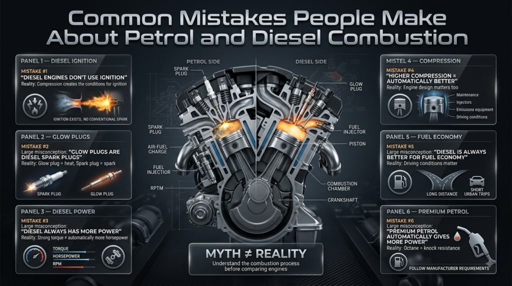 Petrol vs diesel combustion mistakes infographic explaining ignition, glow plugs, torque, compression, fuel economy, and octane.