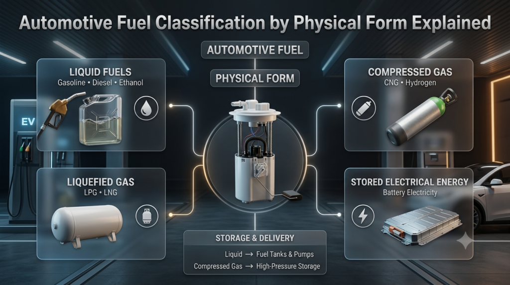 Automotive fuel classification infographic showing liquid, compressed gas, liquefied gas and stored electrical energy