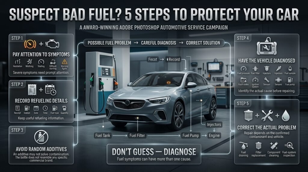 Bad fuel troubleshooting infographic showing symptoms, refueling records, avoiding additives, professional diagnosis, and fuel-system repair