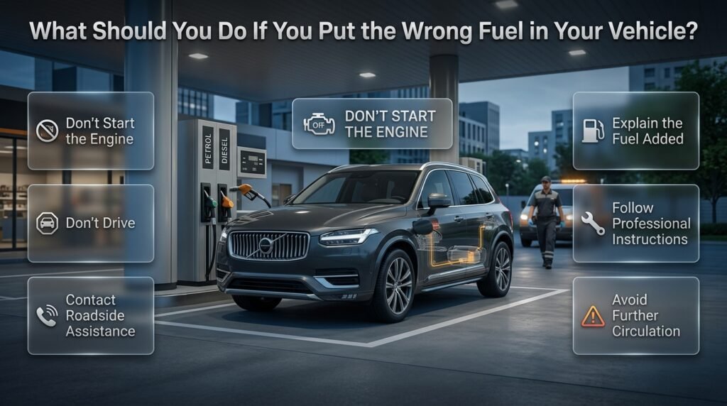 Wrong fuel in a vehicle showing petrol and diesel misfuelling, engine-off safety, roadside assistance, and professional fuel-system recovery.