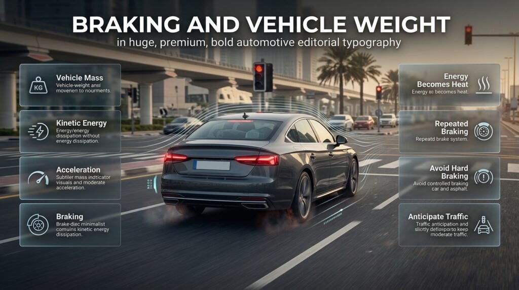 Braking and vehicle weight explained through kinetic energy, repeated acceleration, braking, and efficient driving habits.