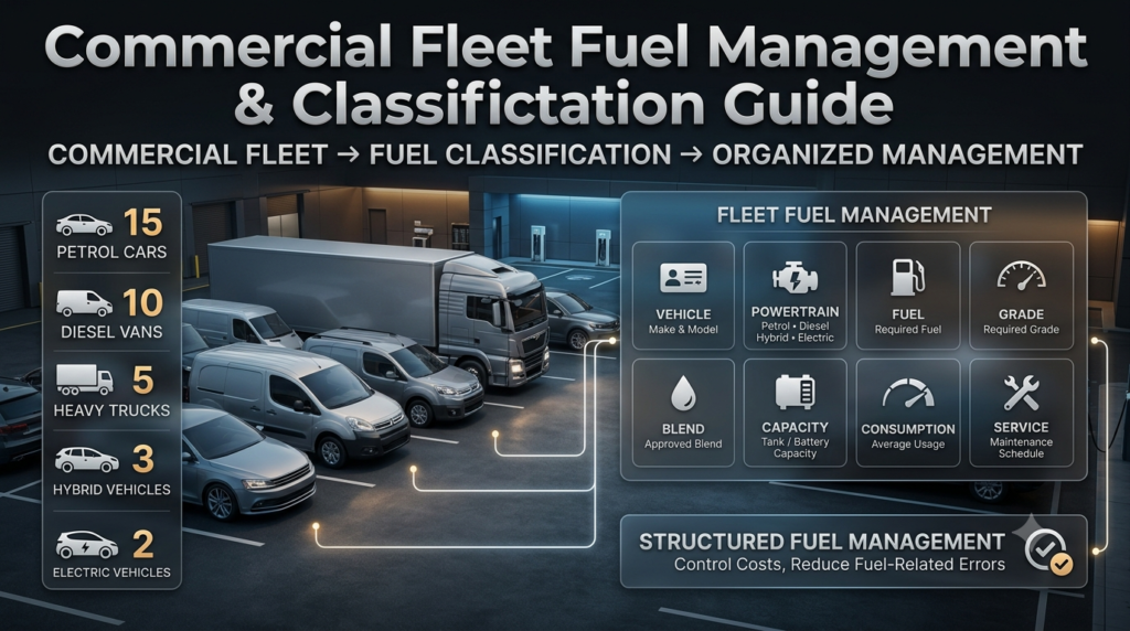 Commercial fleet fuel management infographic showing petrol, diesel, hybrid and electric vehicles and fuel records