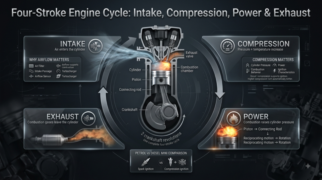 Four-stroke engine cycle showing intake, compression, power, and exhaust stages inside a modern petrol or diesel engine cylinder.