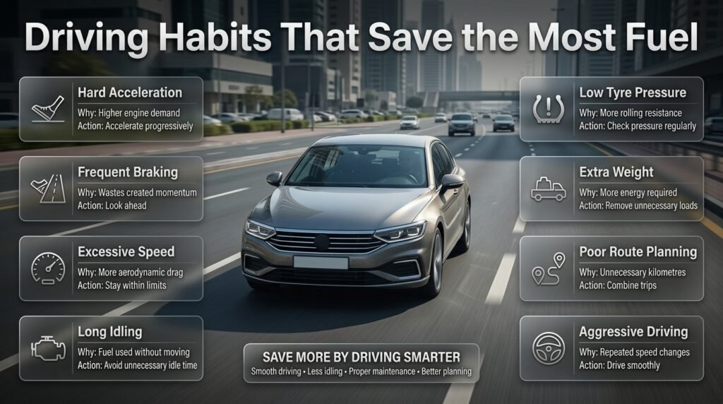 Driving habits that save fuel through smooth acceleration, smart braking, proper tyre pressure, less idling, and route planning.
