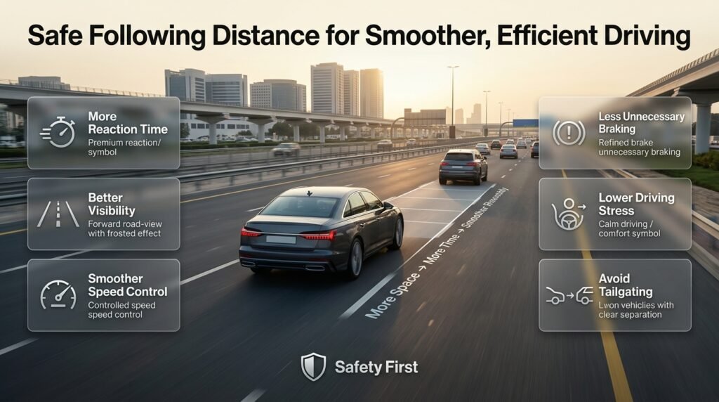 Modern car maintaining a safe following distance for better visibility, reaction time, smoother speed control, and efficient driving.
