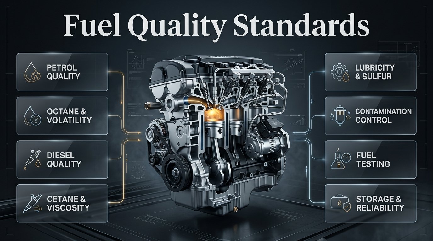 Fuel quality standards infographic showing petrol and diesel properties, testing, contamination control, and engine performance factors Fuel Quality Standards: Petrol, Diesel & Engine Performance