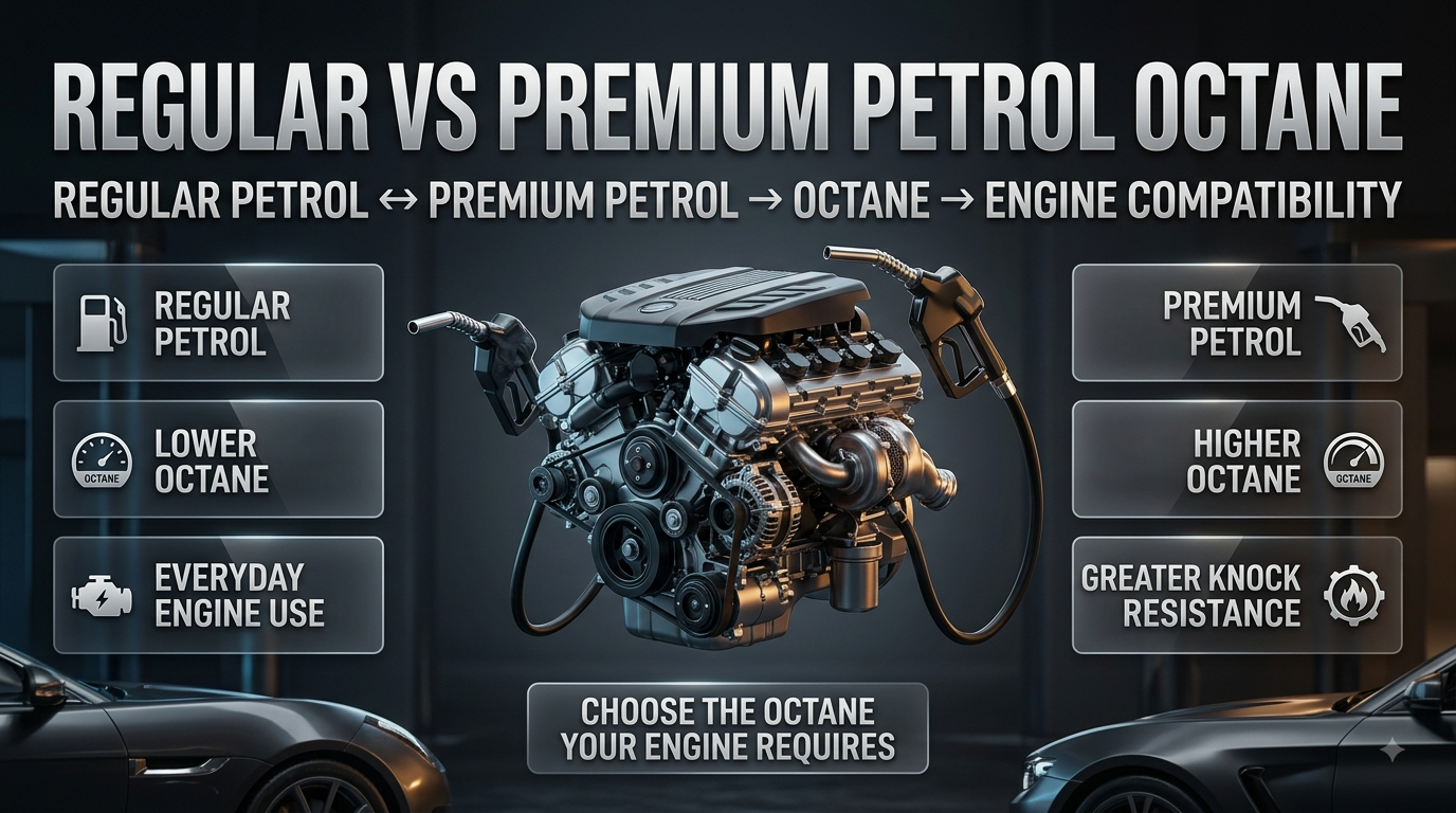 Regular vs premium petrol octane comparison showing fuel grades, octane levels, engine performance, and fuel choice. Regular vs Premium Petrol Octane Comparison Guide