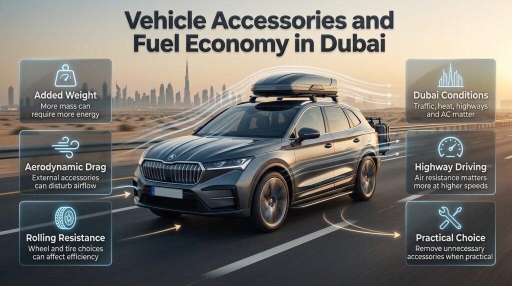 Car accessories affecting fuel consumption through added weight and aerodynamic drag during city and highway driving