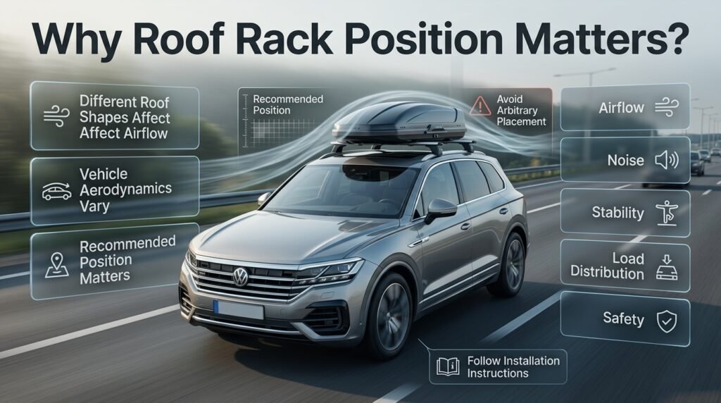 Roof rack position affects airflow, noise, stability, load distribution, and safe installation on different vehicle roof designs