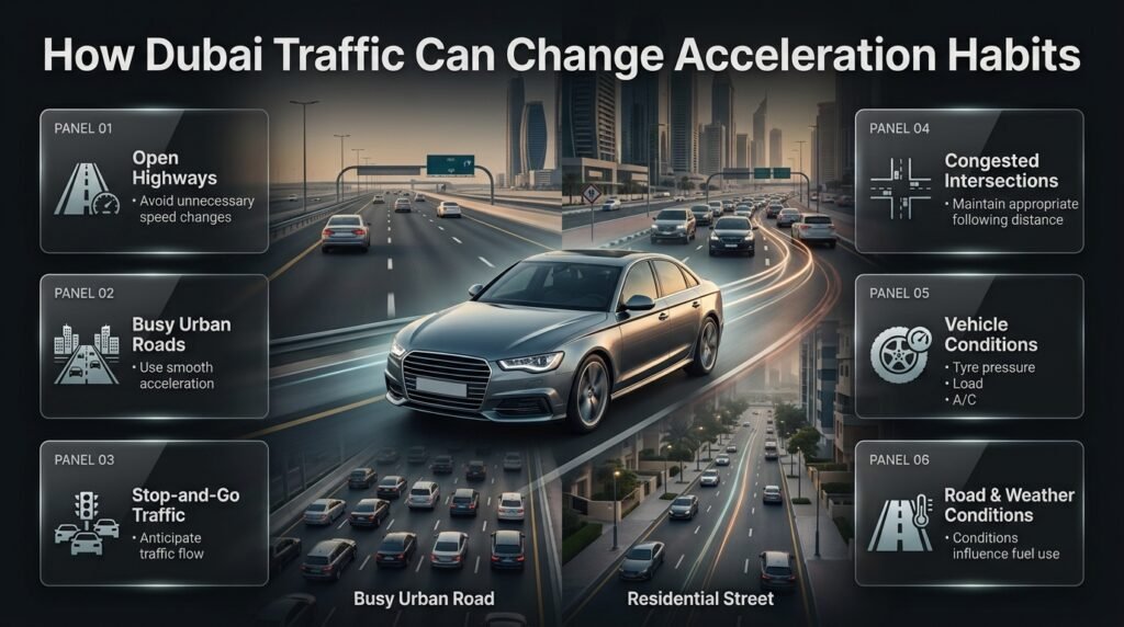 Dubai traffic conditions affecting acceleration habits, fuel consumption, stop-and-go driving, highways, and smooth vehicle control