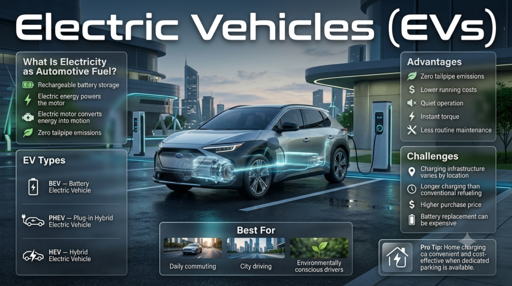 Electric vehicle infographic showing EV types, battery power, charging, zero tailpipe emissions, benefits, challenges, and ideal everyday driving uses.