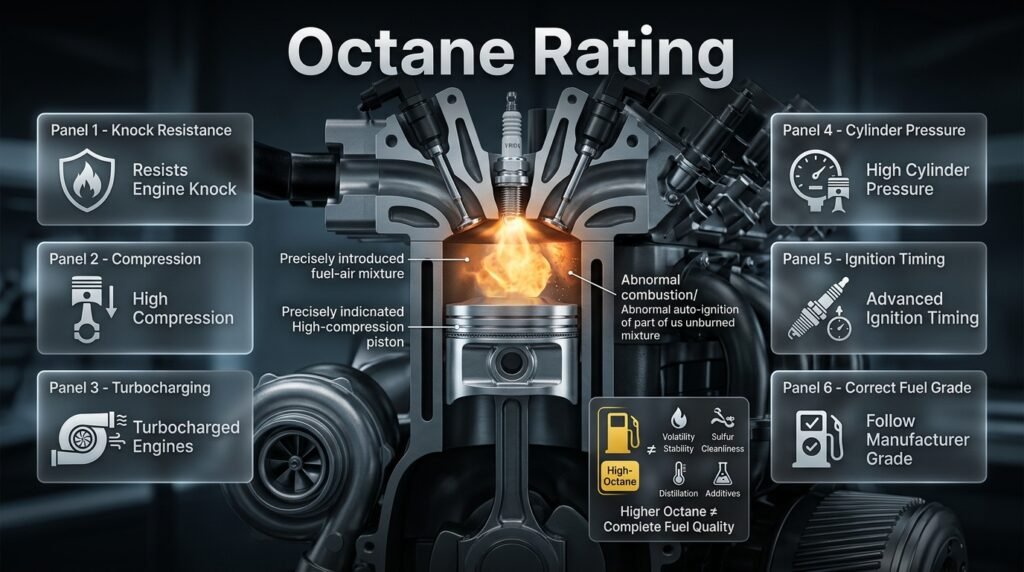 Octane rating infographic showing petrol knock resistance, engine combustion, high compression, and correct fuel selection