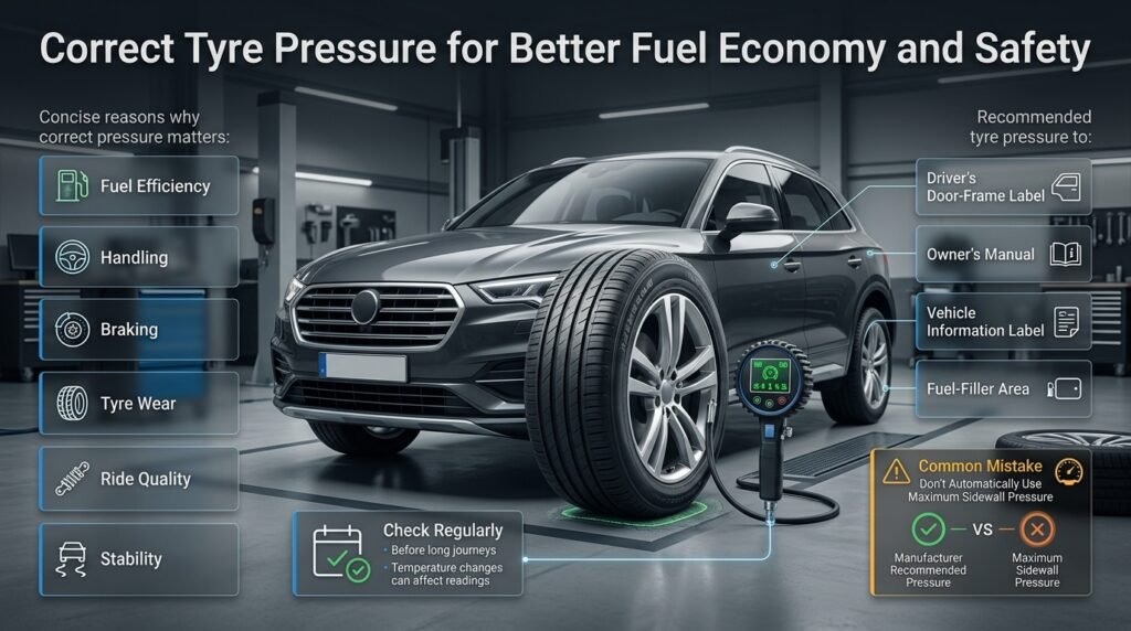 Tyre pressure infographic showing correct inflation, fuel efficiency, handling, braking, tyre wear, and safe vehicle maintenance practices.