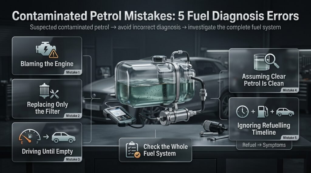 Five common contaminated petrol mistakes, including blaming the engine, replacing only the filter, driving on bad fuel and ignoring timing