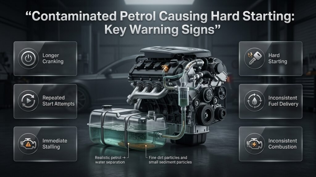 Contaminated petrol causing hard starting, extended cranking, repeated start attempts and immediate engine stalling after refuelling