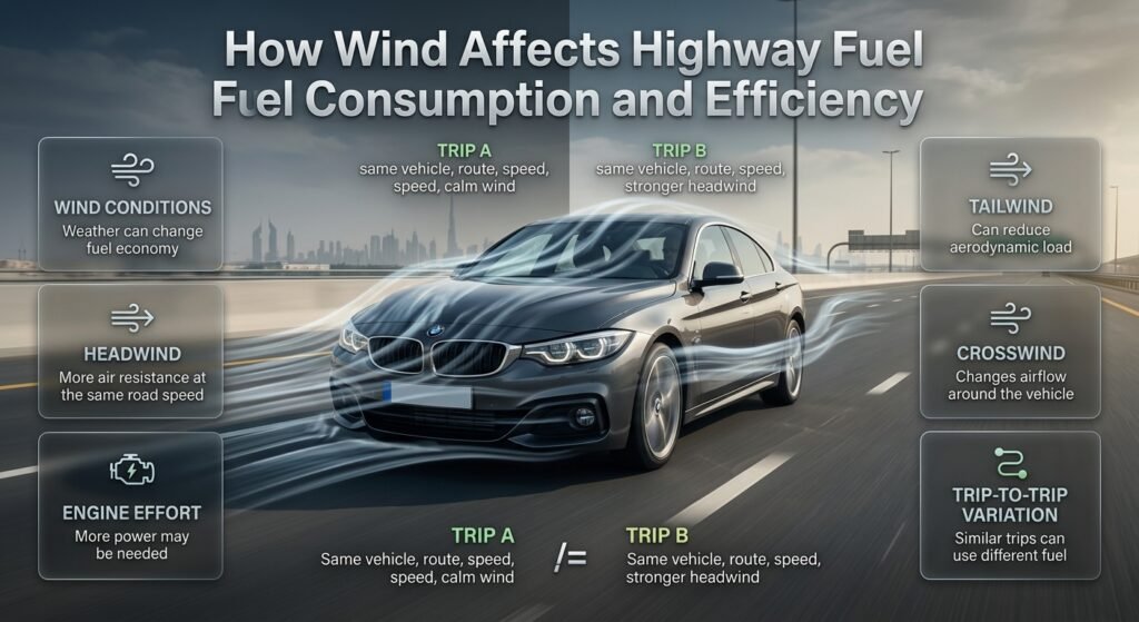 A highway car facing strong headwind as aerodynamic drag increases, showing how wind conditions can reduce fuel economy