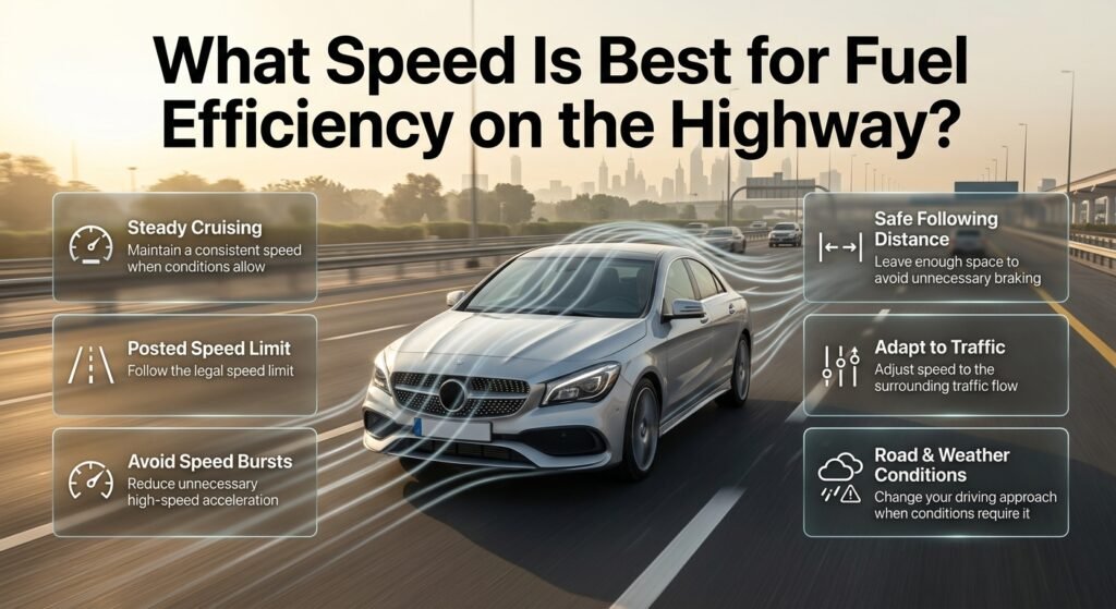 Fuel-efficient highway speed in Dubai showing steady legal cruising, aerodynamic drag, smooth driving and safe fuel-saving practices.
