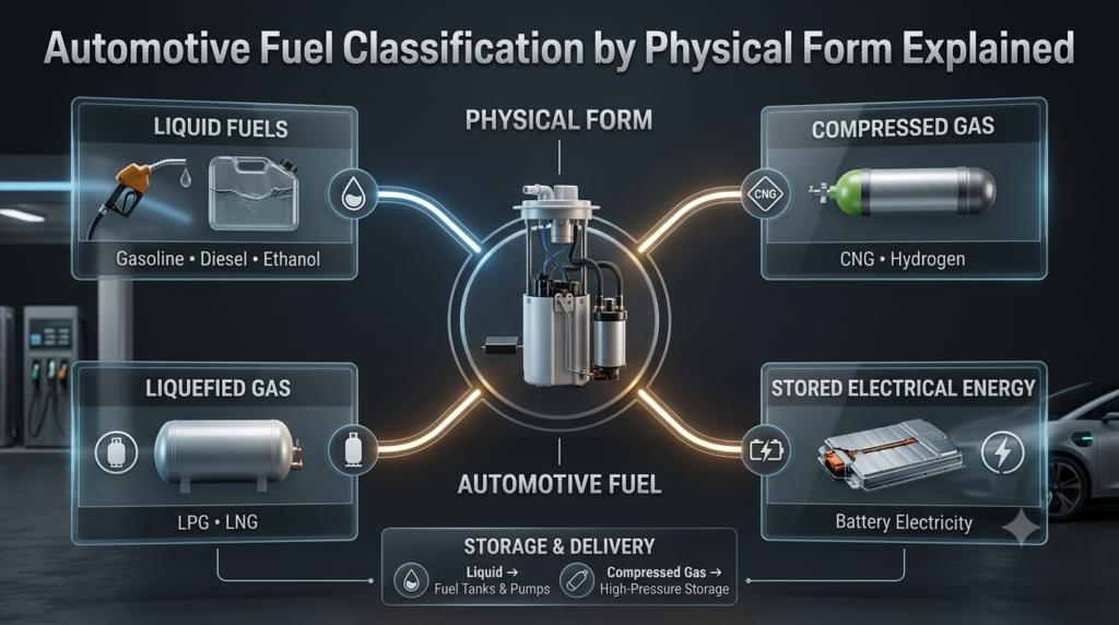 Automotive fuel classification infographic showing liquid, compressed gas, liquefied gas and stored electrical energy