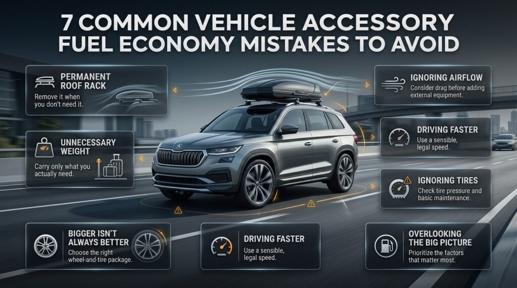 Seven common vehicle accessory mistakes that can increase fuel consumption through weight, drag, speed, and poor tire care