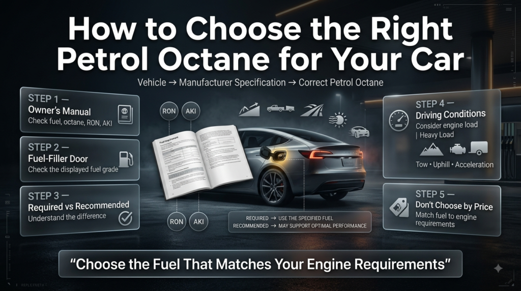 Guide to choosing the right petrol octane using the owner’s manual, fuel-filler label, engine requirements, and driving conditions.