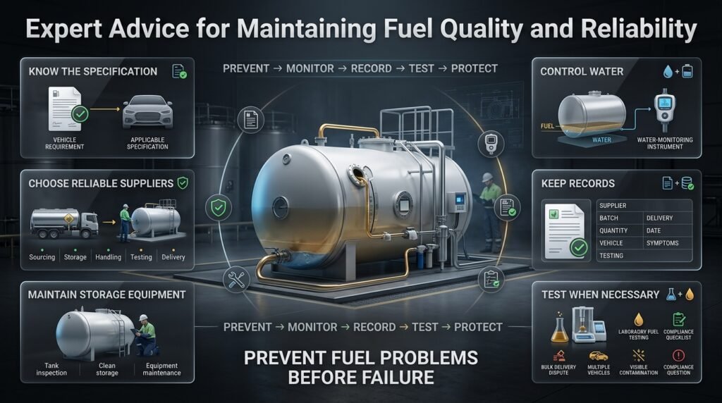 Fuel quality maintenance infographic showing supplier selection, storage care, water control, record keeping, and fuel testing