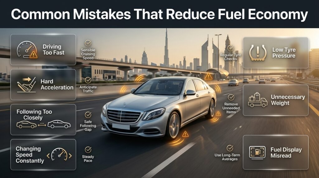 Common driving mistakes that reduce fuel economy, including speeding, hard acceleration, braking, low tyre pressure, and excess weight.