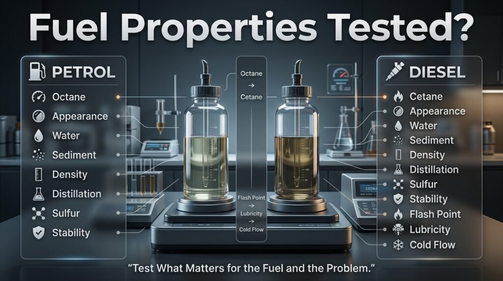 Fuel properties tested in petrol and diesel, including octane, cetane, water, sediment, sulfur, stability, and lubricity.