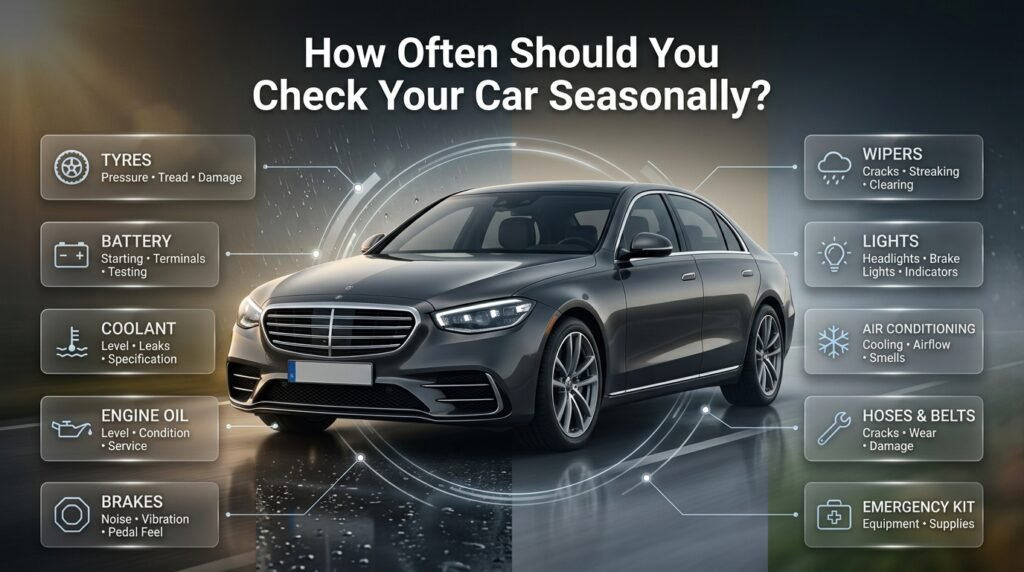 Seasonal car inspection showing tyres, battery, coolant, brakes, lights, wipers, fluids and emergency checks around a modern vehicle.