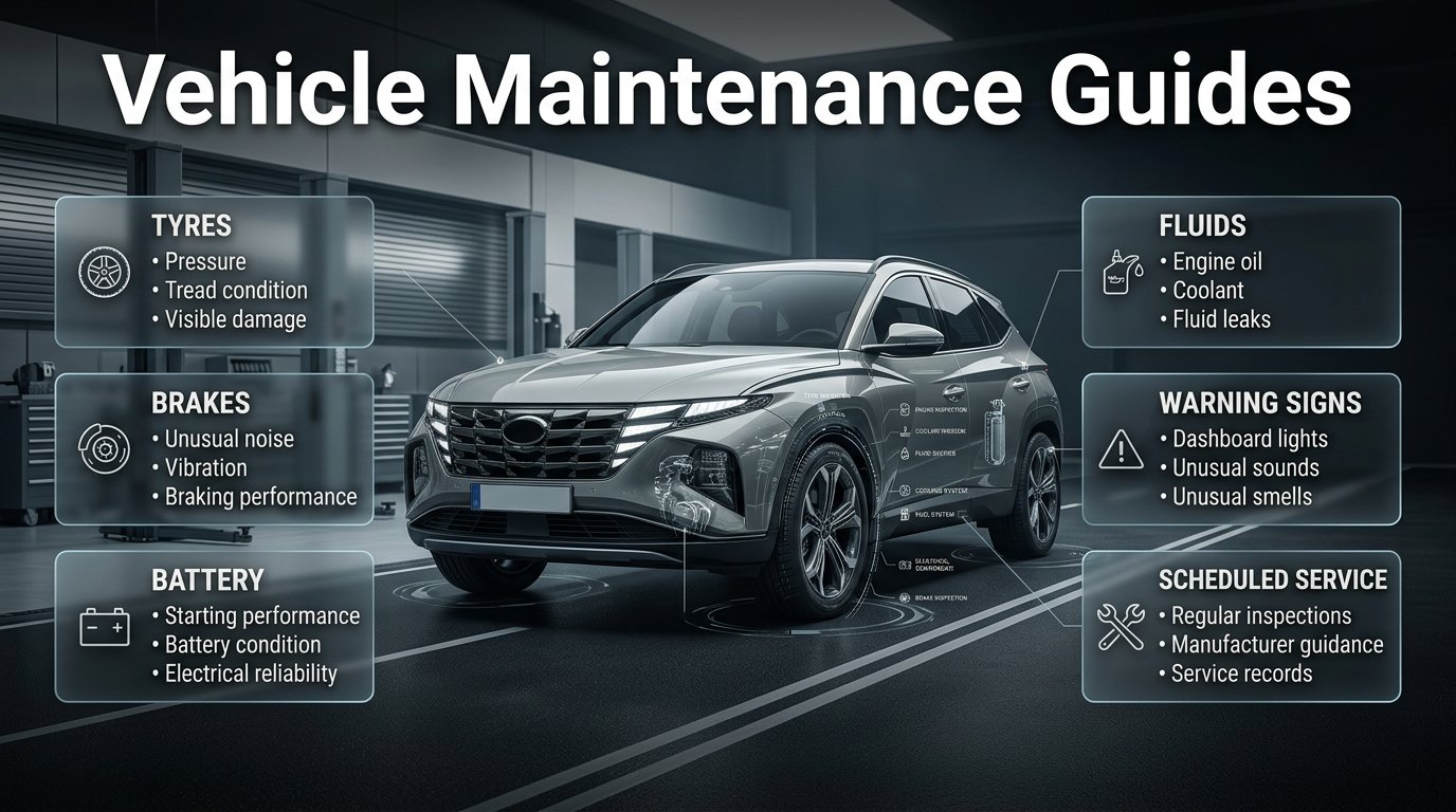 Professional vehicle maintenance guide showing tyre, brakes, battery, fluids, warning lights, and scheduled service checks. Vehicle Maintenance Guides for Safer, Reliable Driving