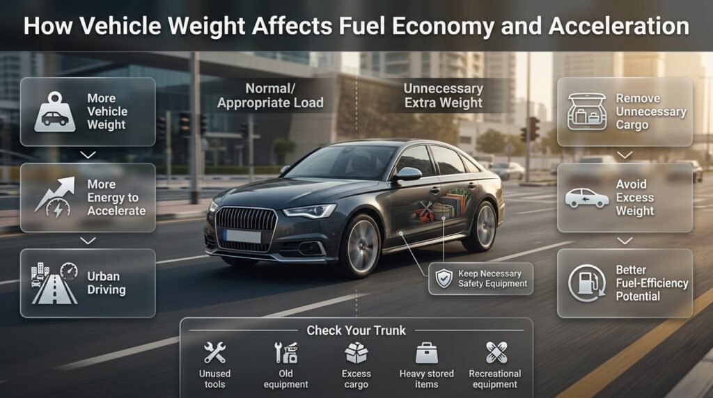 How vehicle weight affects fuel economy, showing a loaded car, unnecessary cargo, acceleration, and increased energy demand