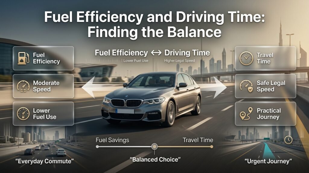 Fuel efficiency and driving time comparison showing a Dubai car balancing moderate speed, fuel savings, safety, and practical travel time.