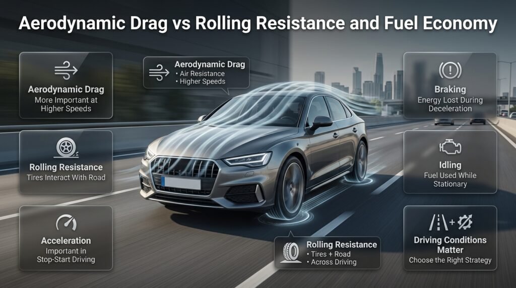 Infographic comparing aerodynamic drag and rolling resistance, showing how speed, tires, acceleration, braking, and idling affect fuel economy.