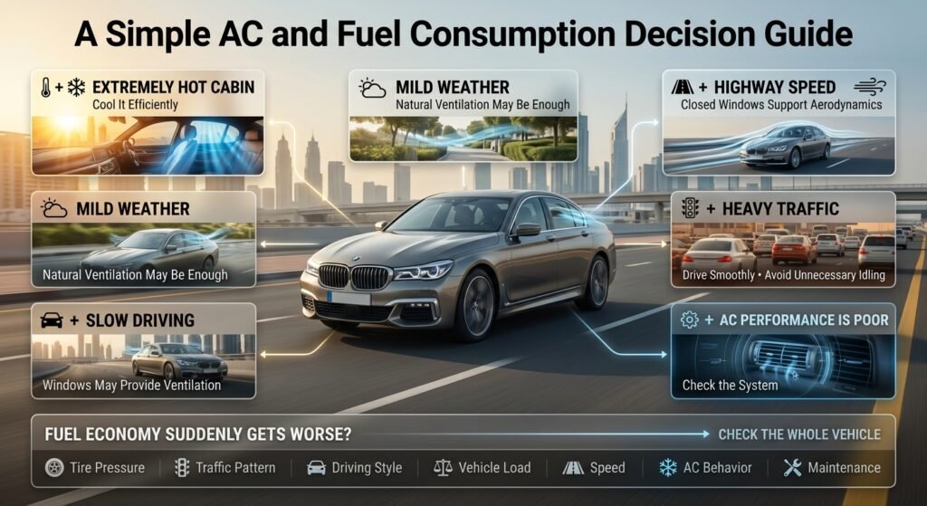 AC and fuel consumption decision guide showing when to use AC, windows, ventilation, and efficient driving in Dubai.