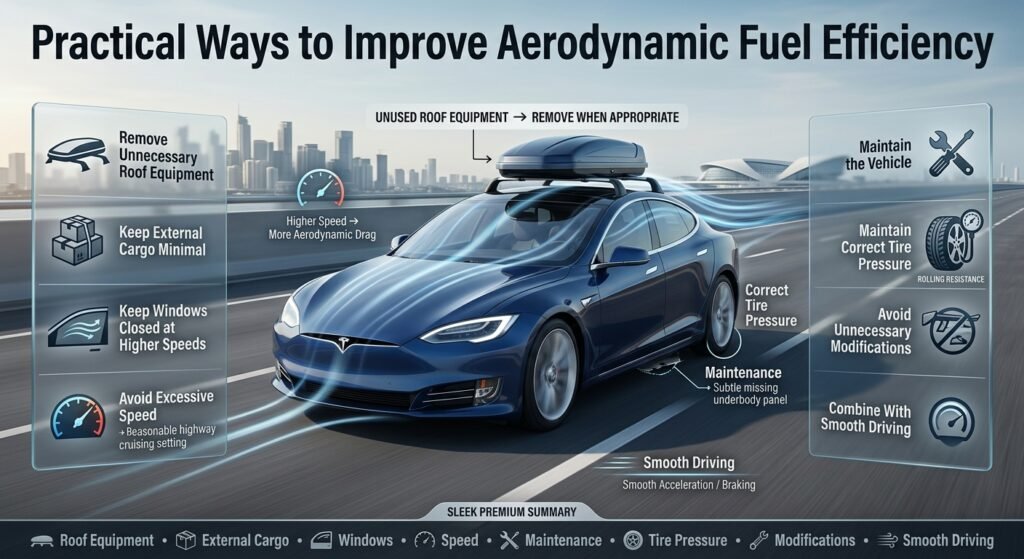Automotive infographic showing roof racks, cargo, windows, speed, vehicle maintenance, tire pressure, and smooth driving for efficiency.