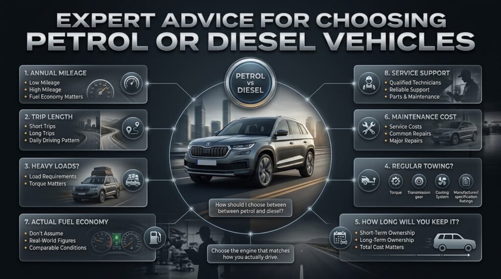 Expert petrol vs diesel buying guide showing mileage, trip length, towing, maintenance, fuel economy, ownership, and service support.