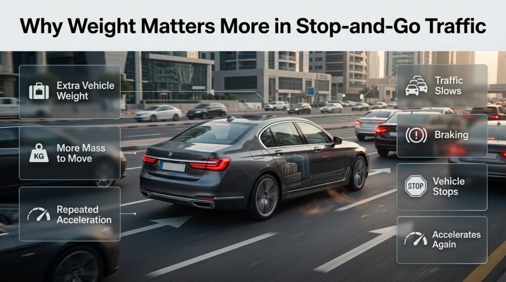 Why vehicle weight matters in stop-and-go traffic, showing repeated acceleration, braking, and extra vehicle cargo.