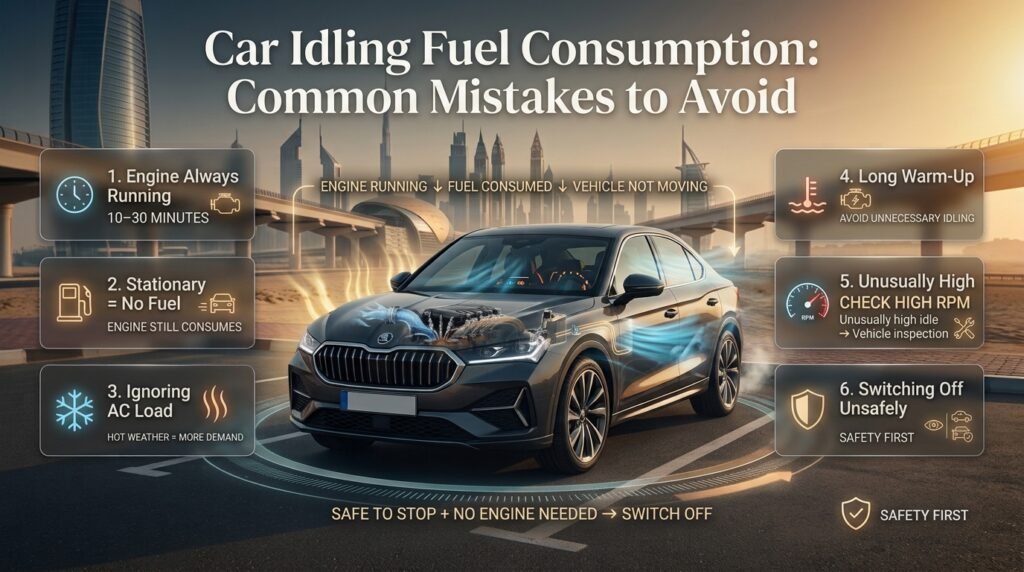 Car idling fuel consumption infographic showing common mistakes, unnecessary idling, AC use, warm-up time, high RPM, and safety.