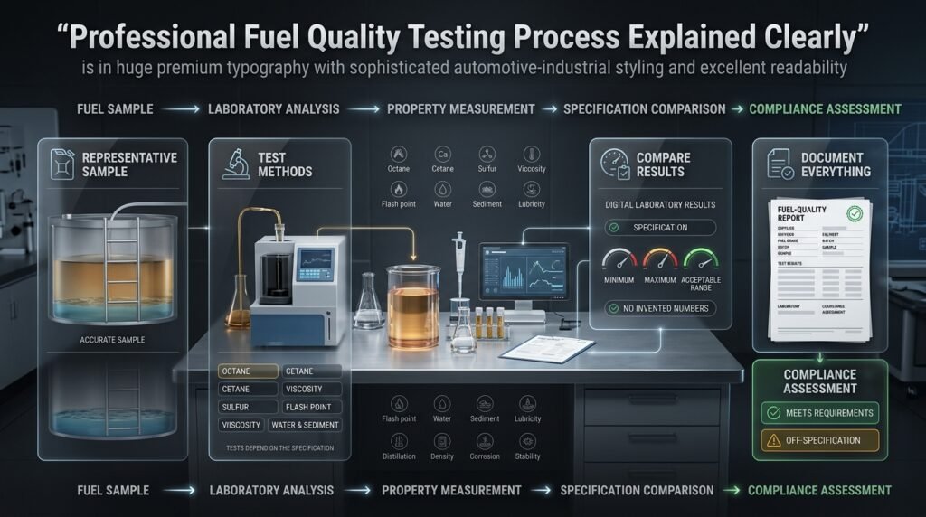 Professional fuel quality testing infographic showing sample collection, laboratory analysis, fuel properties, compliance checks, and documentation