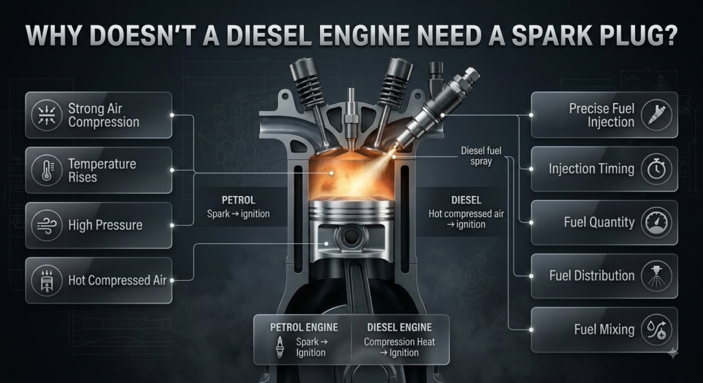 Diesel engine combustion explained with compressed hot air, fuel injection, and auto-ignition instead of a spark plug.