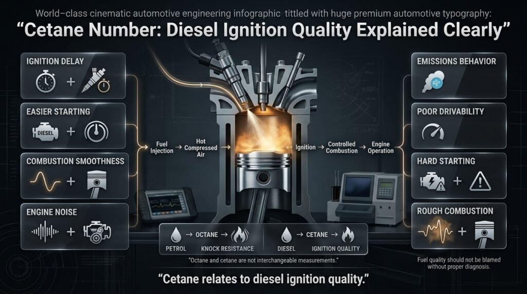 Cetane number infographic explaining diesel ignition quality, ignition delay, starting, combustion smoothness, noise, and emissions