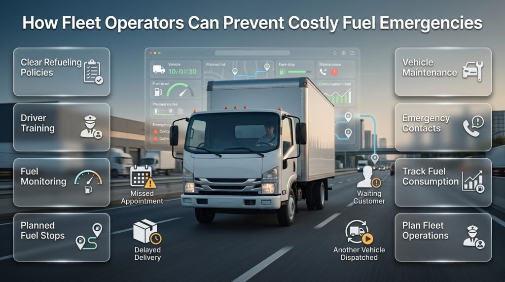 Fleet fuel emergency prevention showing commercial vehicles, fuel monitoring, driver training, planned refueling, and emergency procedures.