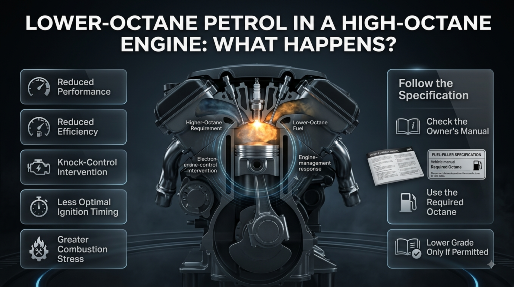 Lower-octane petrol in a high-octane engine can cause knock-control intervention, reduced performance, efficiency, and less optimal ignition timing.