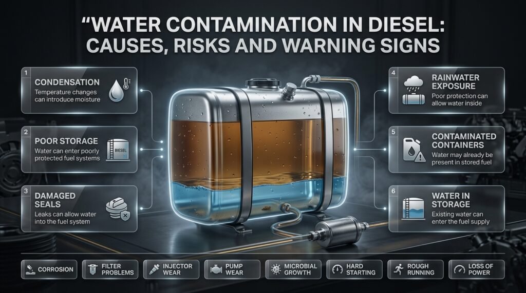 Water contamination in diesel showing condensation, rainwater, damaged seals, corrosion, fuel-filter problems, and engine risks.