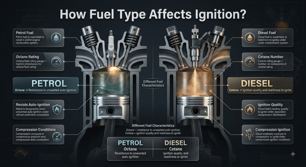 Petrol and diesel fuel ignition comparison showing octane resistance and cetane ignition quality in combustion systems.