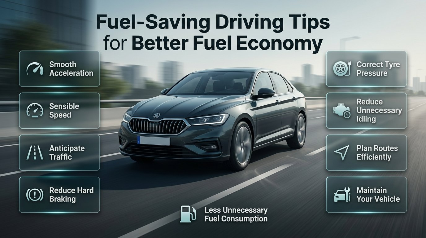 Fuel-saving driving tips showing efficient driving, smooth acceleration, proper tyre pressure, and smart fuel economy habits. Fuel-Saving Driving Tips for Better Fuel Economy