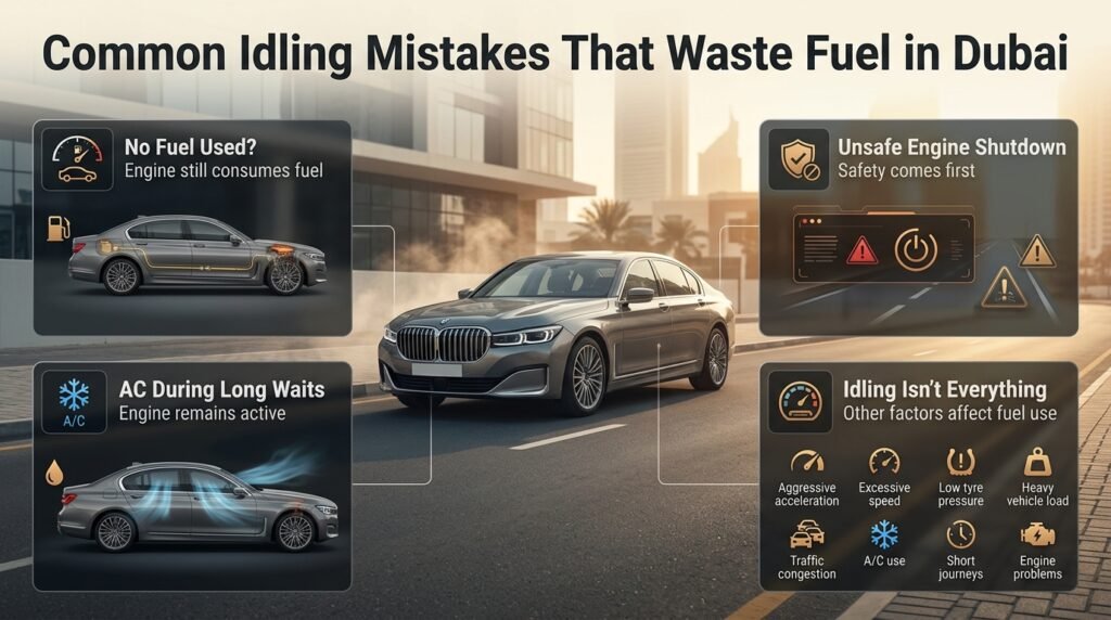 Common car idling mistakes in Dubai, including unnecessary AC use, unsafe engine shutdown, and ignoring other fuel economy factors.