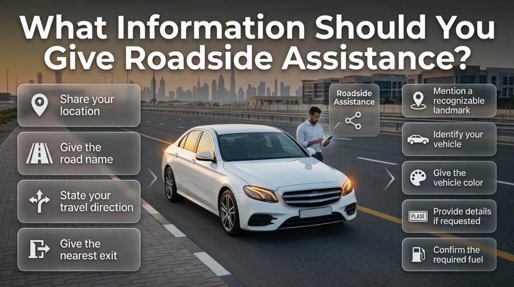 Driver sharing GPS location and vehicle details with roadside assistance after running out of fuel on a Dubai road.